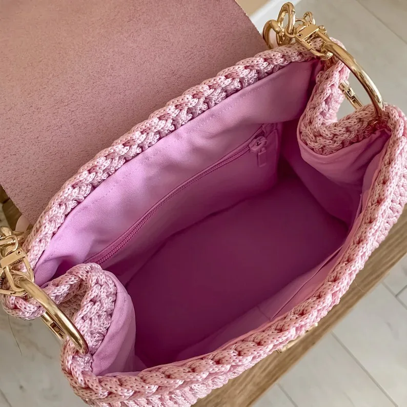 Custom Design Hand Knitting Shoulder Crochet Tote Bag Women Lady Pink Handmade Checkered Crochet Tote HandBag