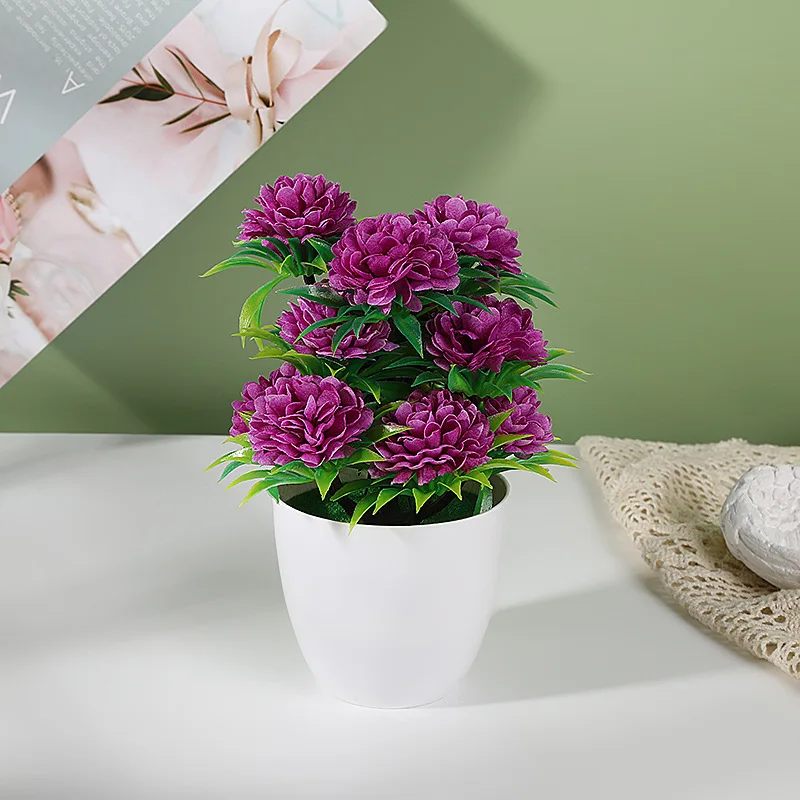 Artificial Chrysanthemum Flowers Potted Popular Mini Bonsai Tree Plastic Plant Pot For Bathroom Tabletop Kitchen Decoration