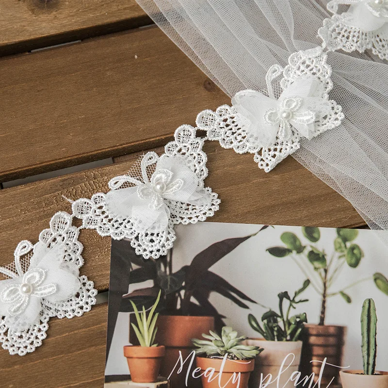 Pearl Embroidered Organza Lace Trim Ribbon Applique Fabric Handmade Diy white  Butterflies for Wedding Dress Sewing Craft