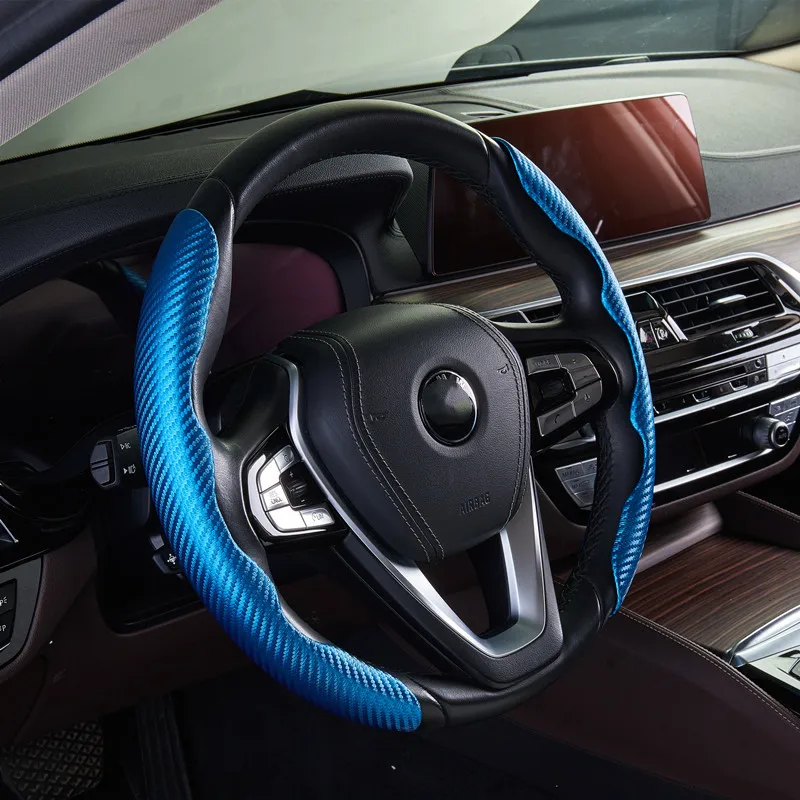 Car Accessories 2022 Carbon Fiber Pattern Damped Vibration Universal Blue Steering Wheel Cover Set