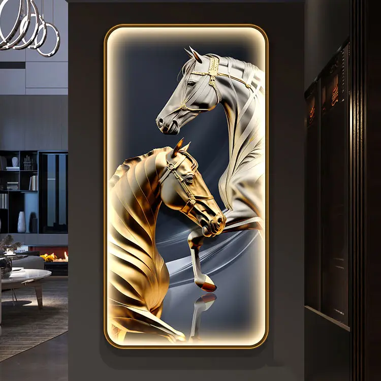 Light luxury round entrance decoration crystal glass LED picture frame horse painting wall frame art