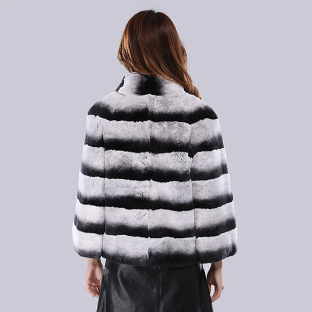 High Quality Winter Hand Made Warm Fuzzy Luxury Chinchilla Real Rabbit Fur Coat Women