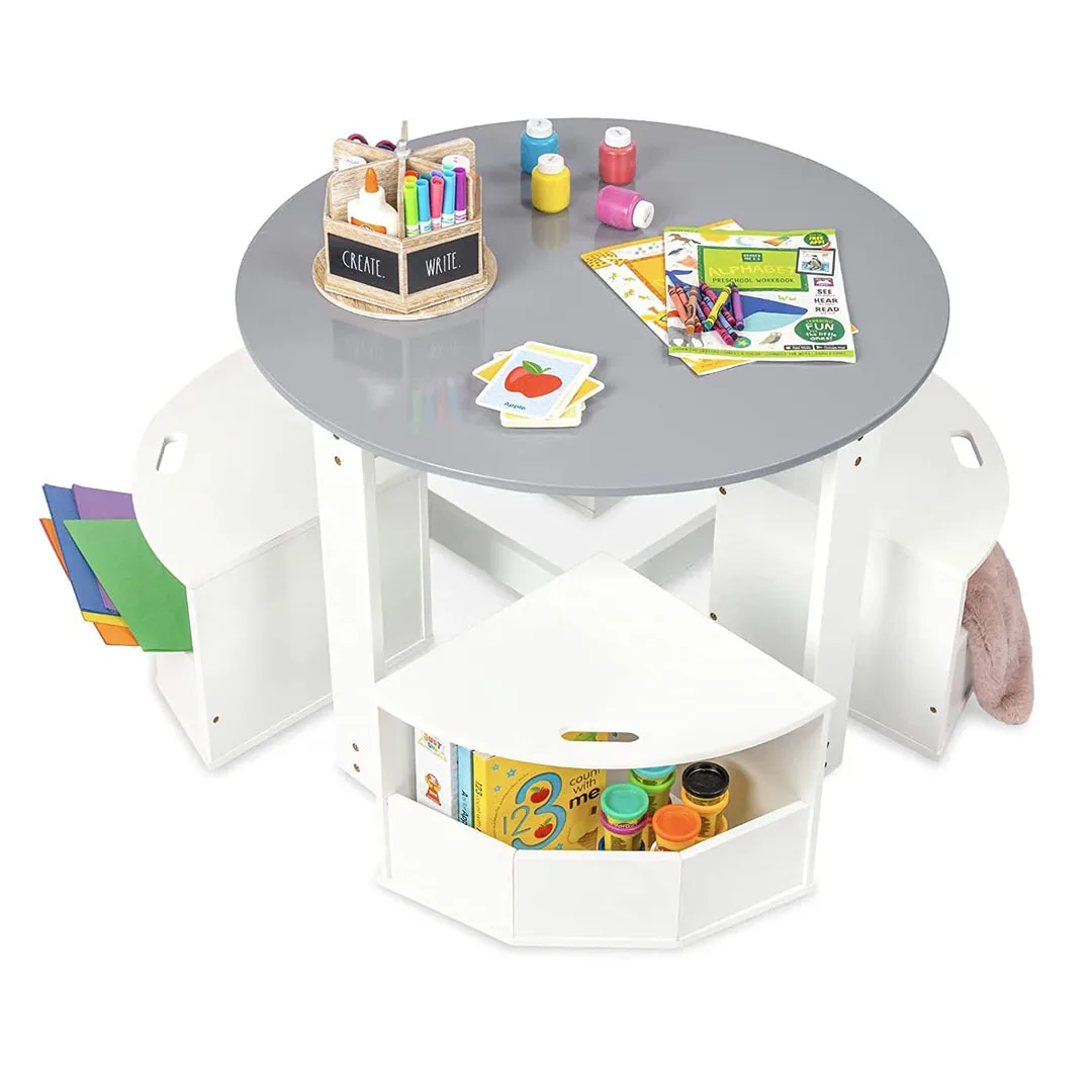 Table and Chair Set for Kids- Round Nesting Design with 4 Storage Stools