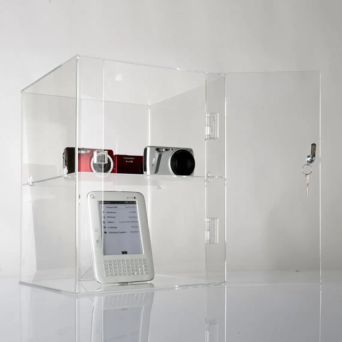 Factory custom clear acrylic camera watch display case fashional jewelry display cabinet with lock