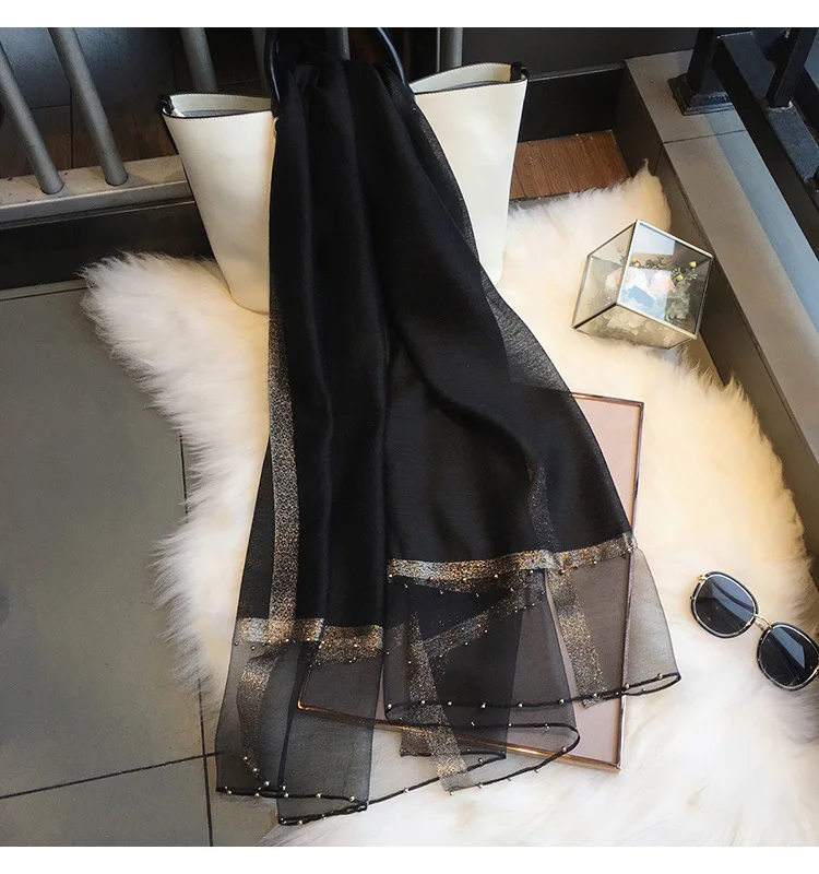 Classic all-match imitation silk scarf female black silk shawl with gold rim and beaded silk scarf