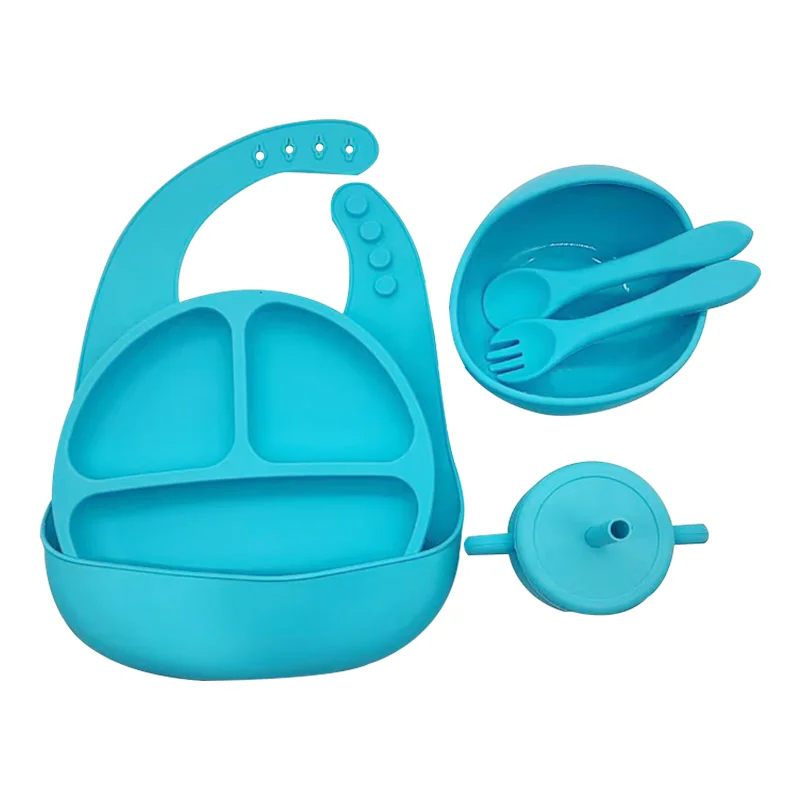 Baby Feeding Bowl Spoon And Fork Set Silicone Baby Feeding Waterproof Bibs Plates Set