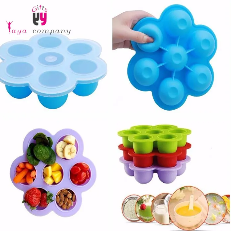 Reusable BPA Free 7 Grids Silicone Baby Food Container Egg Steamer Ice Cube Tray with Lid
