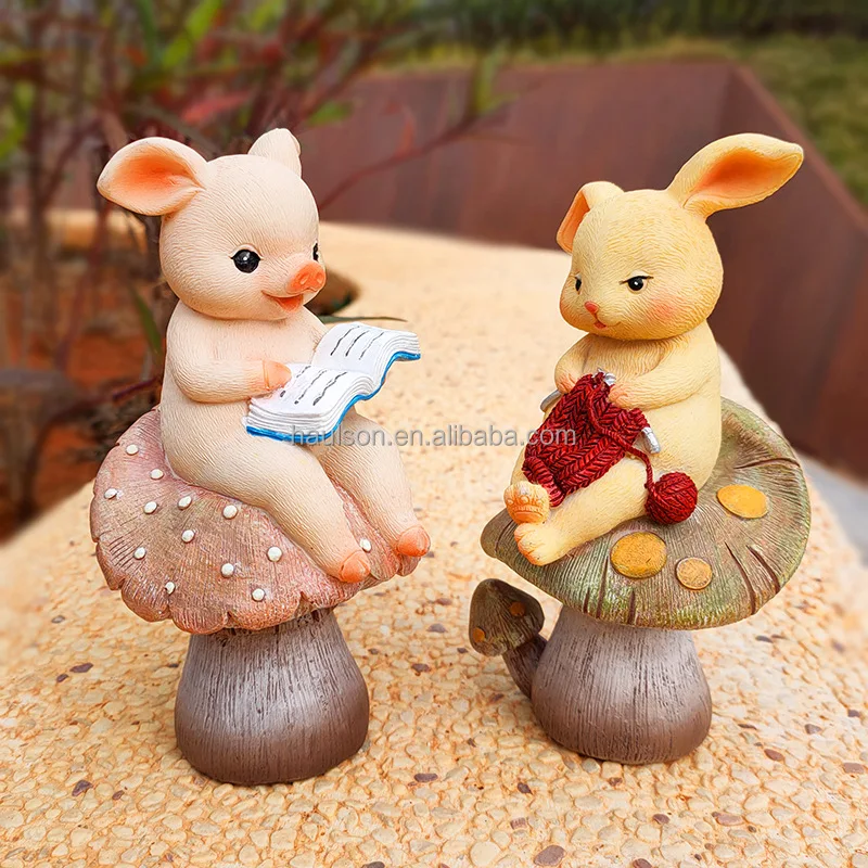 Lovely Resin Statue Ornaments of Reading Pig and Knitting Rabbit New Animal Crafts for Home and Garden Decoration