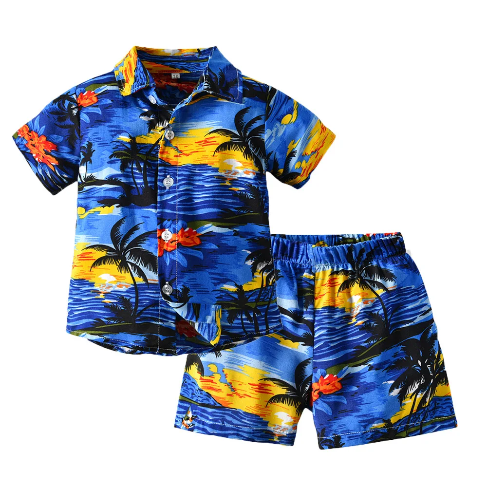 Summer Boy Clothes Outfit Set Toddler Baby Boys Clothing Hawaii Shirt Shorts Printed Flower Leaf Boy Set 1-5 Years Kids Suit