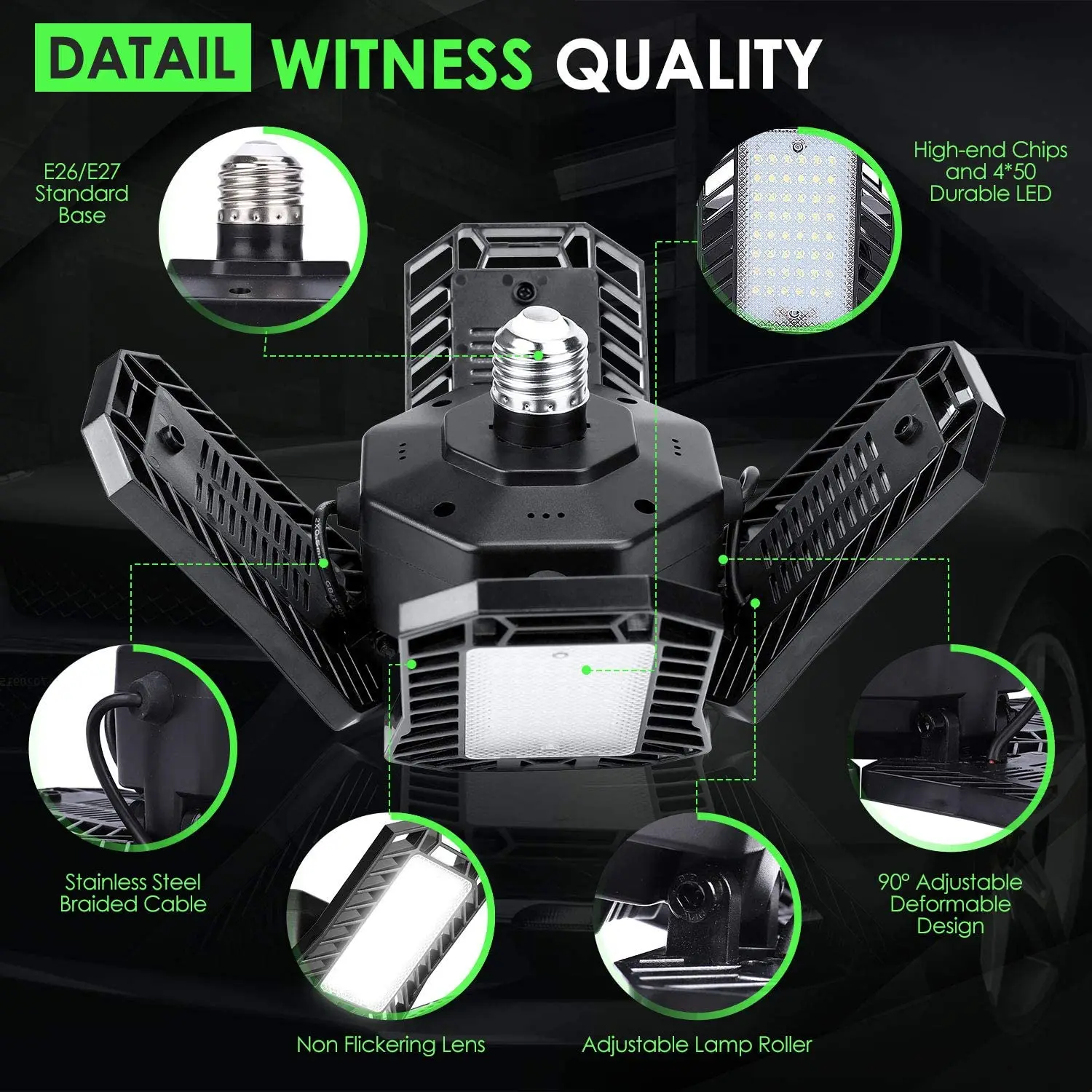 Low consumption 120W plastic deformable garage lamp with 4 adjustable panel