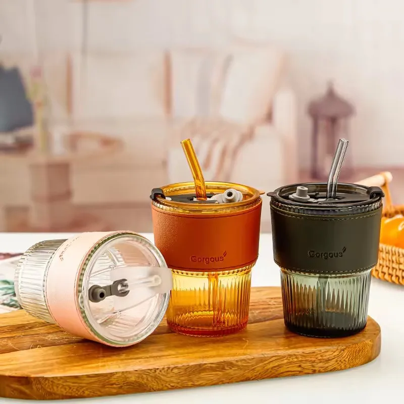 400ml New Design Vertical Stripes Leather Sleeve Clear Drinking Tumbler Travel Coffee Glass Cup With Lid and Straw