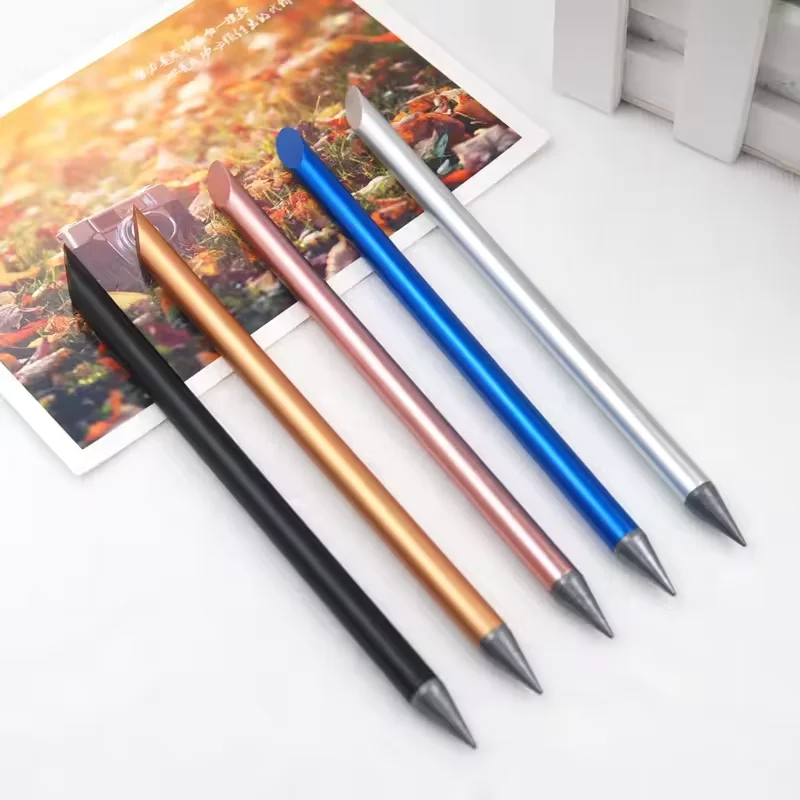 High Quality Metal Silvery Eternal Pencil Continuously Ink Fashionable Durable Diagonal Top Metal Pencil With Custom Logo