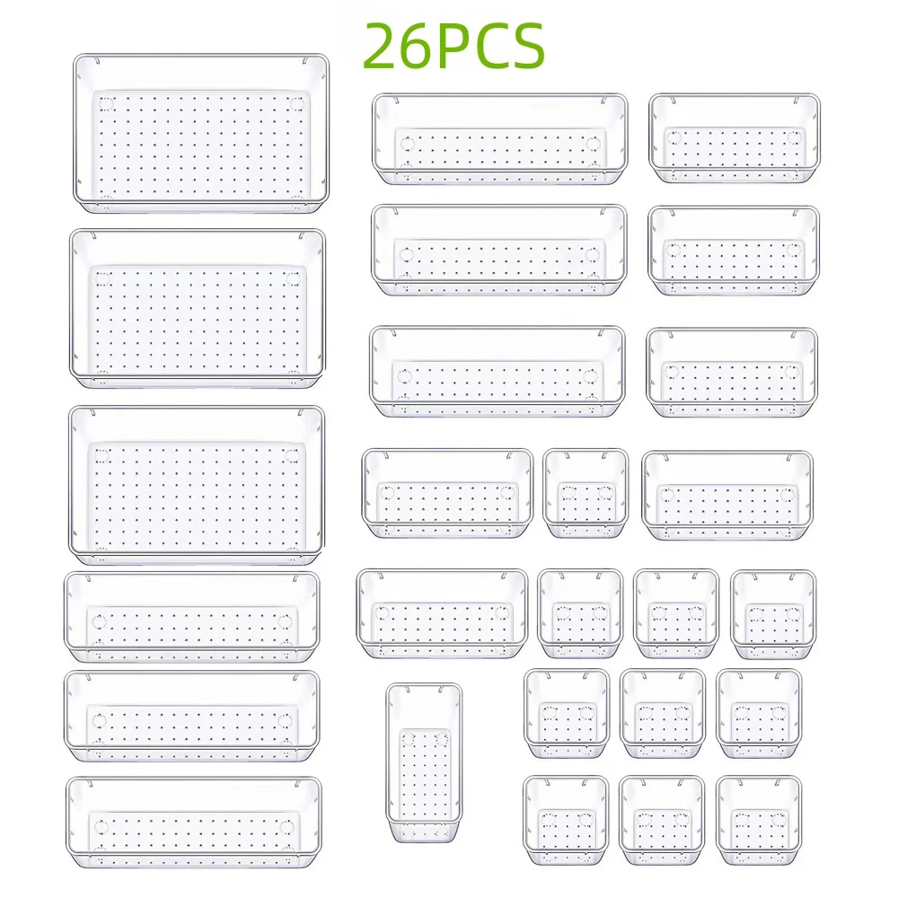 26PCS Clear Kitchen Drawer Organizer Refrigerator & Cabinet Organizer Office Stationery & Cosmetic Organizer