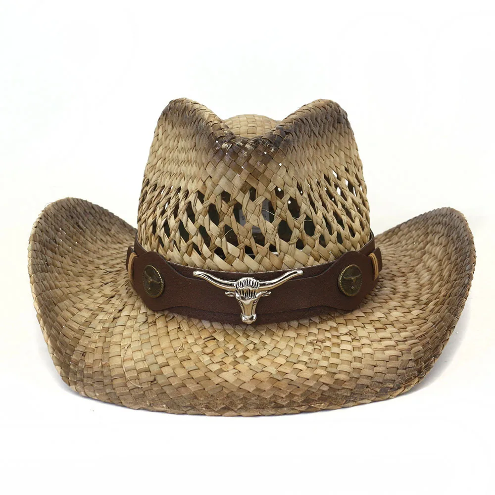 Metal Logo Leather Strap Decorated Mens Boho Western Cowboy Hat Salt Straw Hat