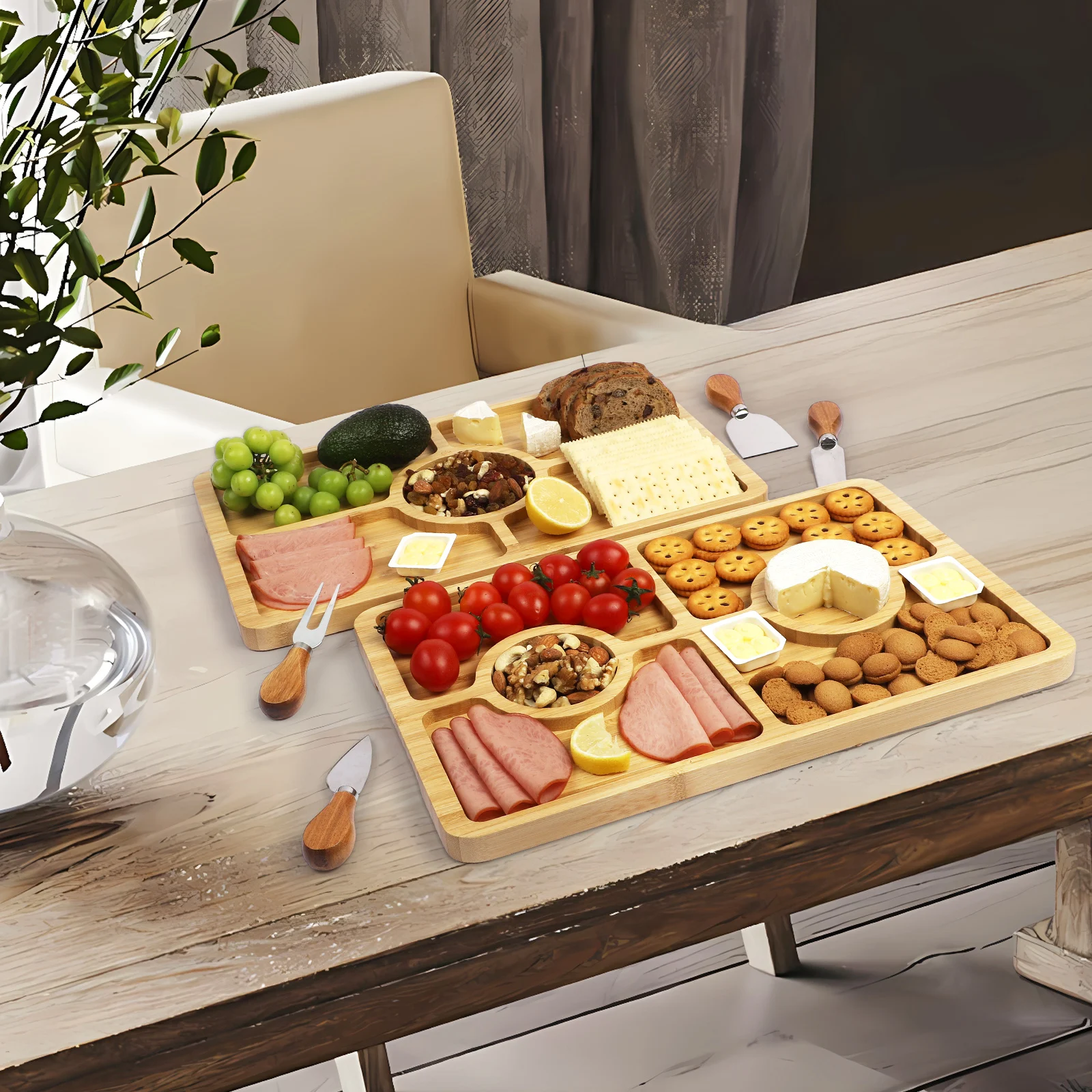 XH 2 Pack Charcuterie boards,Bamboo Cheese Board set with 4 pcs Knives, Cutting Boards Wood Party Serving Trays and Platters