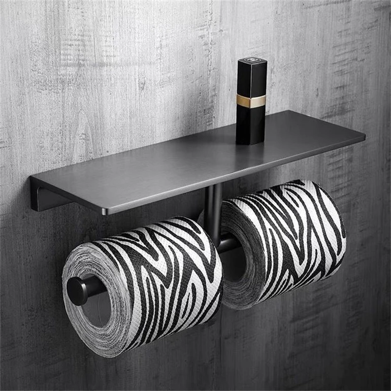 Wall Mounted Toilet Paper Holder Black Color Brass Bathroom Usage With Mobile Phone Shelf