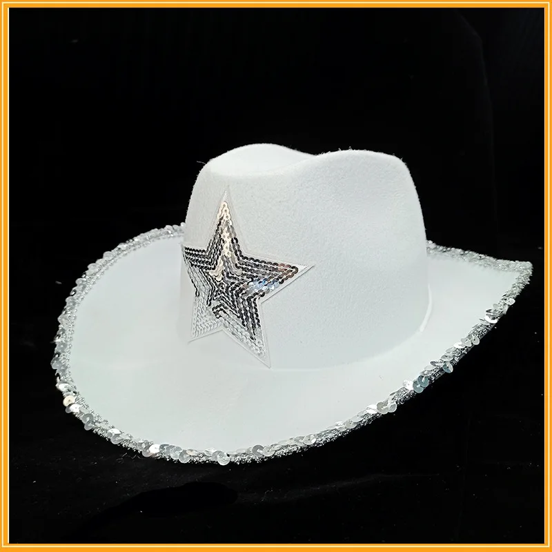 White Cowgirl Hat Felt Princess Hat With Pink Sequin Star For Dress-Up Parties and Play Costume