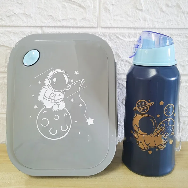 cartoon astronaut plastic divided lunch box and  water bottle set  4 compartments food container with cup