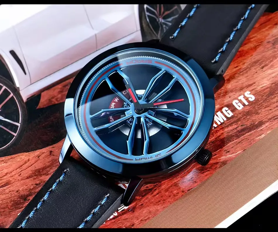 Sanda Rotating Car Wheel Dial Sports Watch Quartz Wristwatch Men Stainless Steel Case Leather Band Watch Relogio Masculino 1010