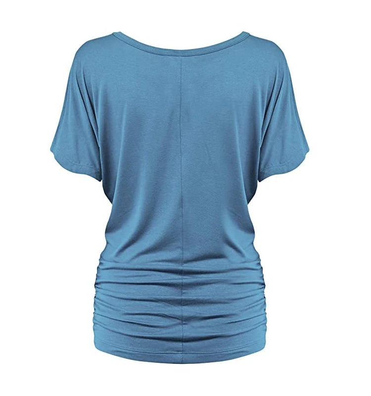 Custom v neck t shirts women side shirring fashionable Short Sleeve Boat Neck V Neck Rayon Bamboo summer T-shirt Women