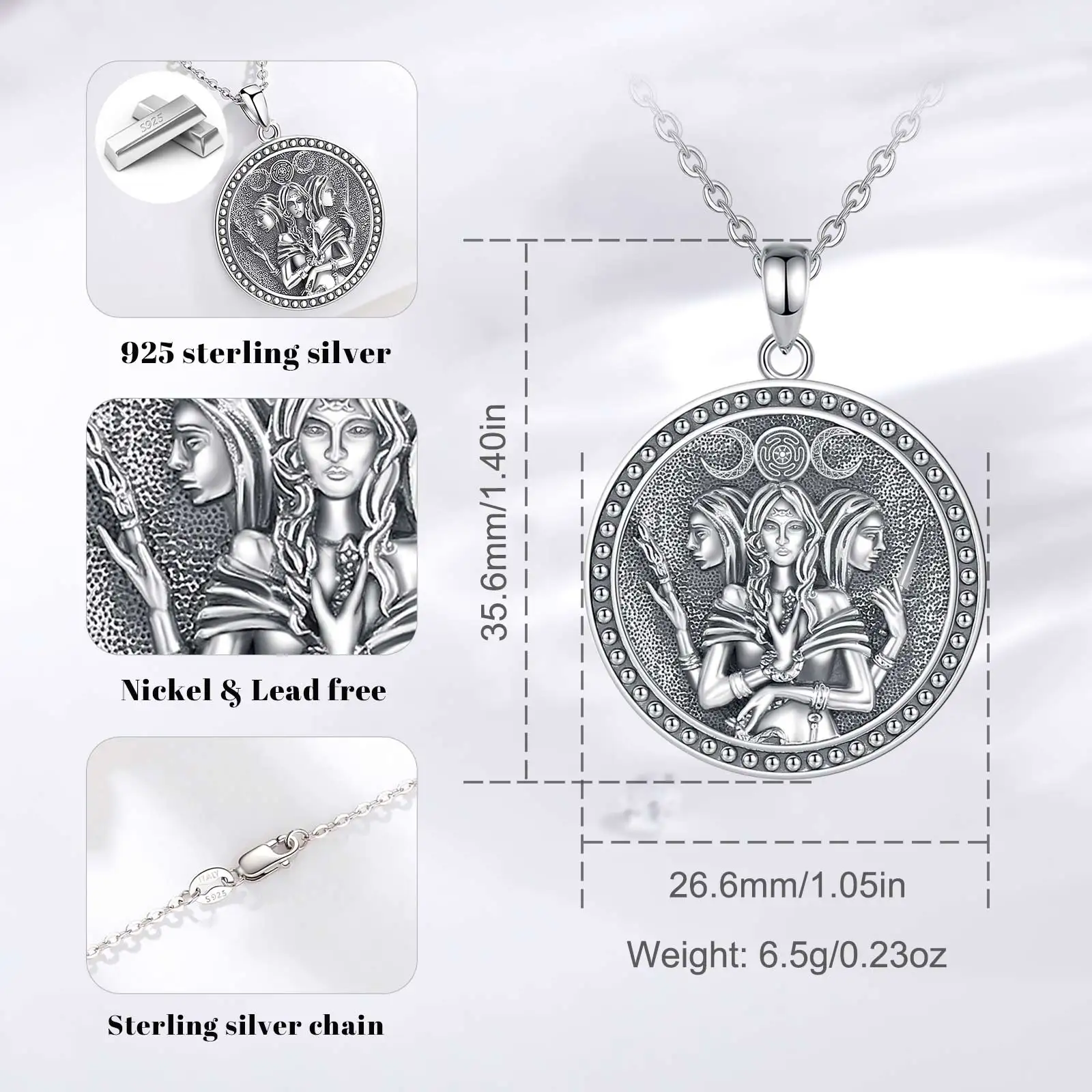 Changda 925 Sterling Silver Pagan Wiccan Triple Moon Goddess Amulet Jewelry Necklace for Men