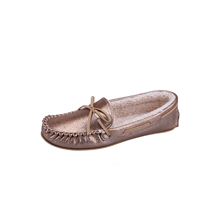 Cheap price PU girls cotton wool plush winter fur moccasin slippers shoes for women