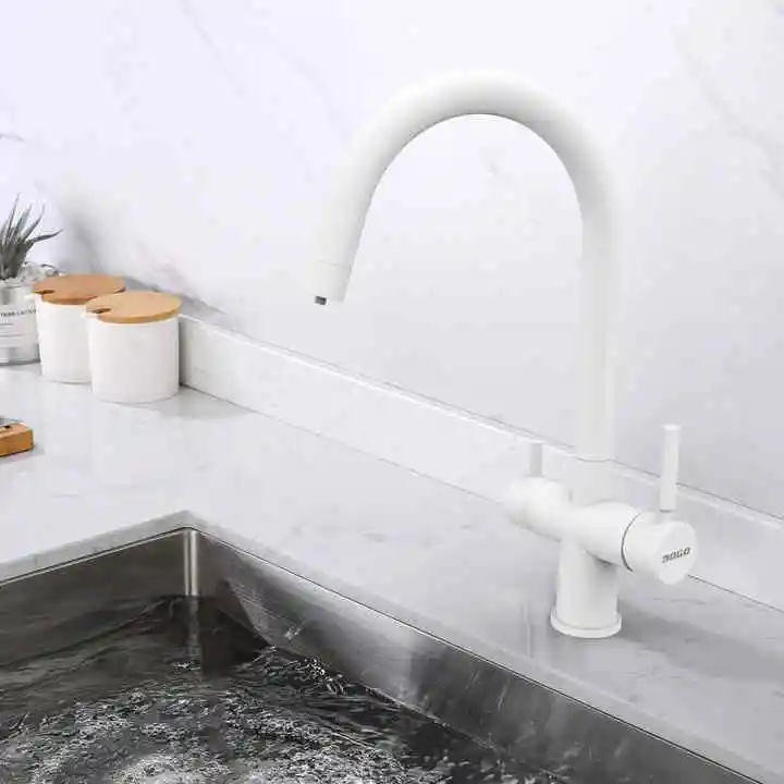 DOGO AISI 304 Stainless Steel Reverse Osmosis Tri Flow Tap Matt White Kitchen Sink Faucet with Hot Cold Water 3 in 1 Faucet