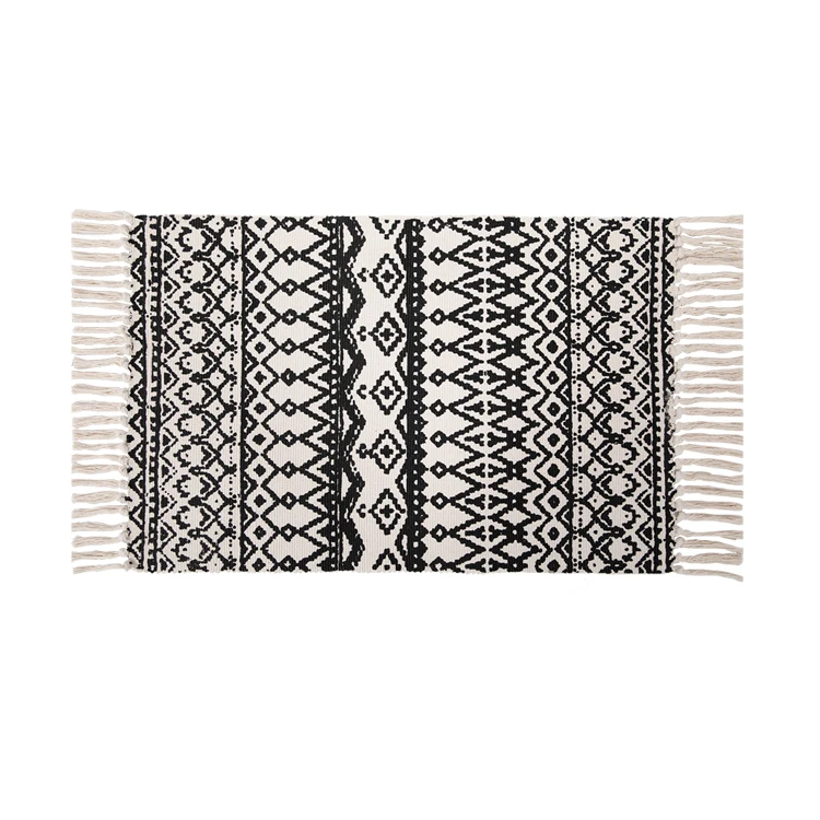 Hot selling high quality new products black geometric pattern morocco tribal bathroom non-slip carpet cotton woven area rug