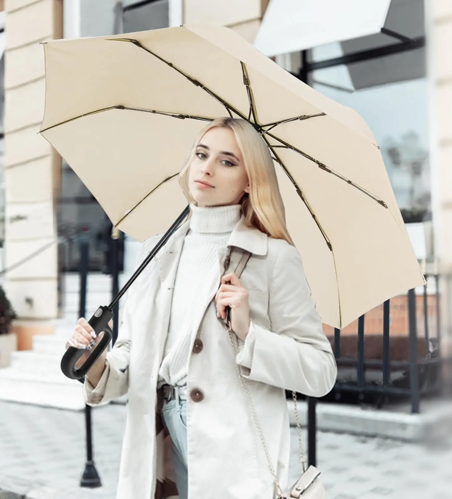 Custom Small Travel Automatic Umbrella with Novel Carabiner Handle Compact Folding Design for Adults