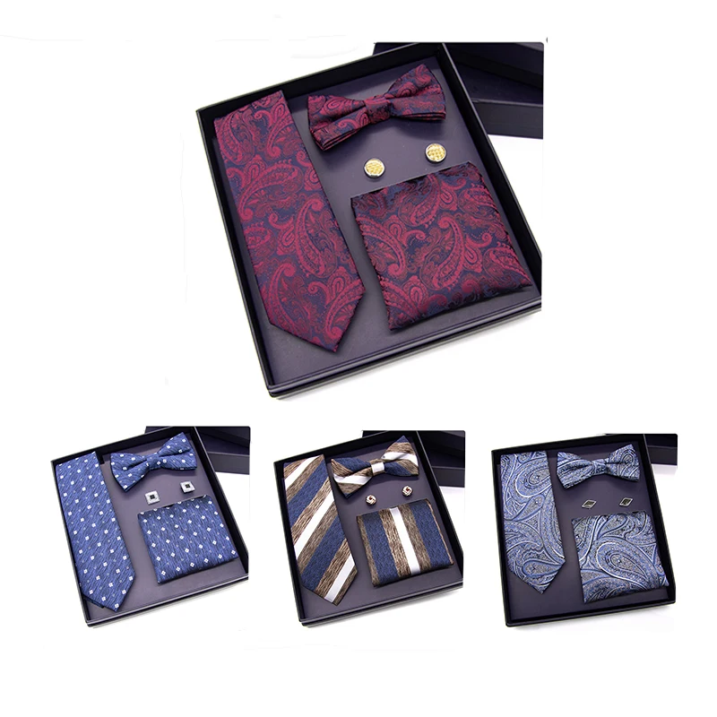 New mens necktie sets tie and pocket square bow tie set 4pcs bowtie set stripe mens black neck ties and handkerchief man gift