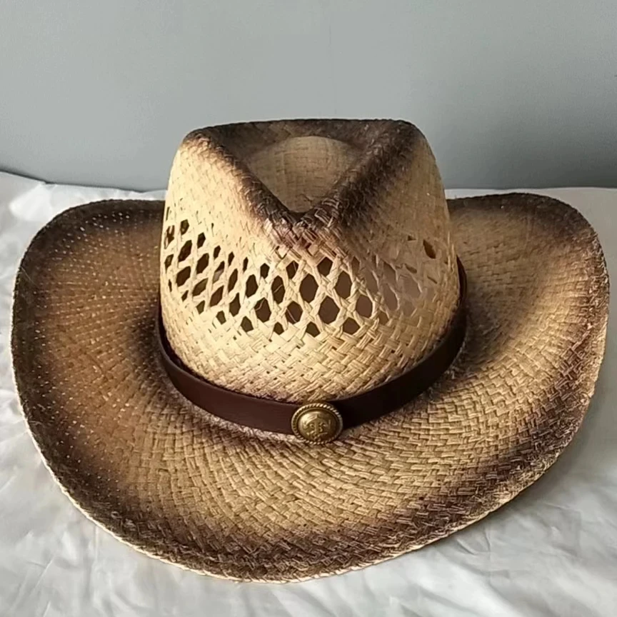 Hollow Design Vintage Print Raffia Straw Cowboy Hat with Fake Leather