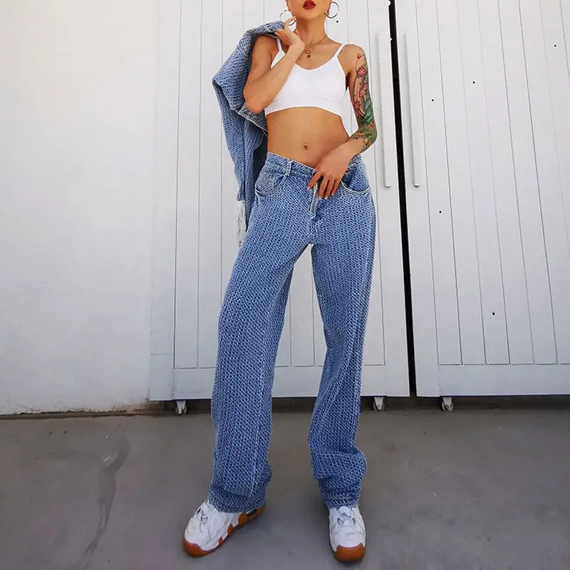 New fashion tassel long sleeve denim crop coat top and wide leg jeans pants leisure two piece suit for women