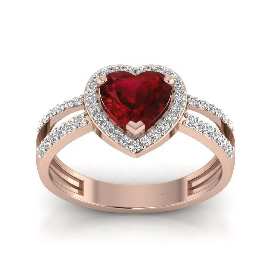 FirstMadam 18k Yellow Gold Heart Shaped Garnet and Round Lab White Diamond Halo Engagement Ring