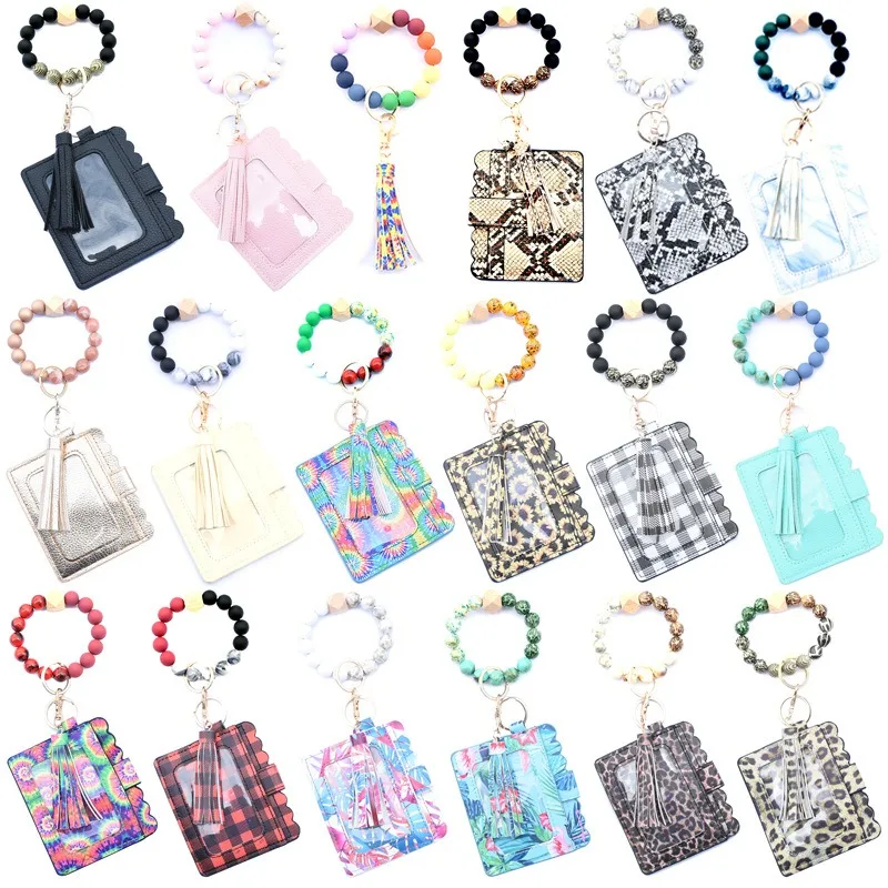 Hot Sale Western Style Card Holder Bag Leopard Wallet Wristlet Bangle Silicone Beads Bracelet Wallet Keychain