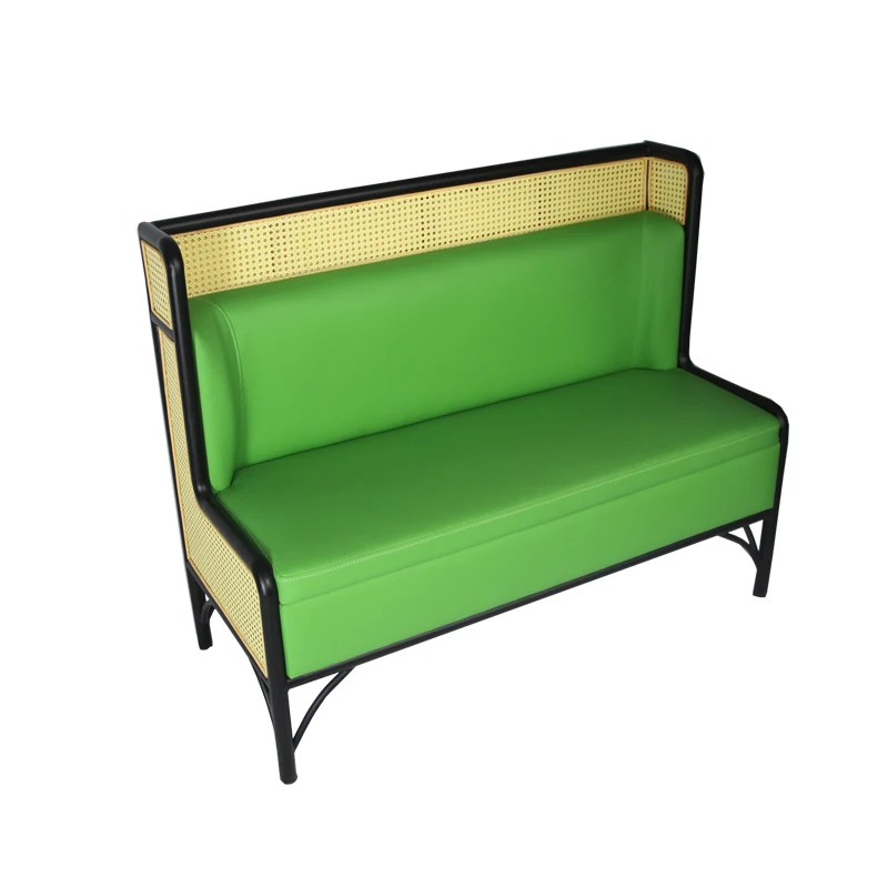 Metal rattan  frame  and upholstered PU leather soft cushion restaurant green furniture seat