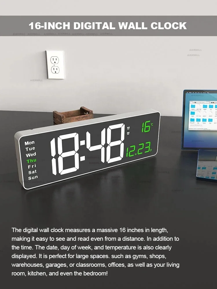 Digital Wall Clock 16inch Large Alarm Clock Remote Control Date Week Temperature Watch Dual Alarms LED Display Clock