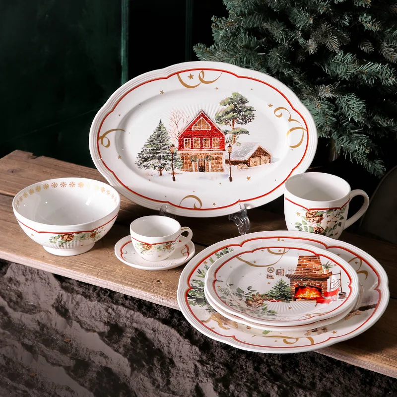 Weiye Christmas Plates Decorative Dinner Set for Personalized Christmas Dish Roundcute Ceramic Classic Dinnerware