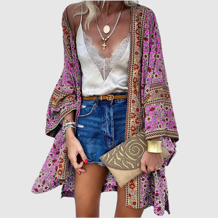 Summer Floral Printed Beach Cover Up Tops Bohemian Kimono Women Long Sleeve Cardigan Casual Loose Holiday Blouse Shirt Cover Up