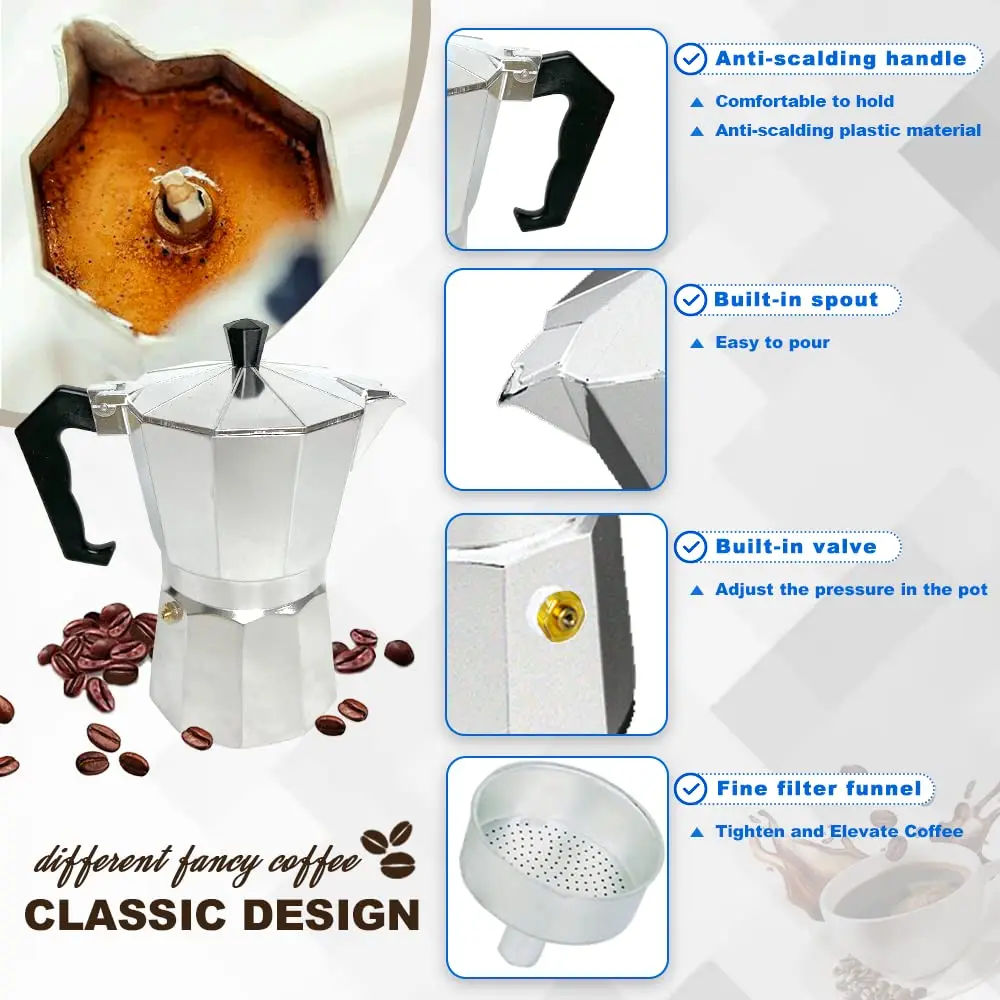 Wholesale Italian aluminum moka pot coffee maker black silver red 1/2/3/6/9/12 cup 50/100/150/300/450/600ml espresso cafetiere