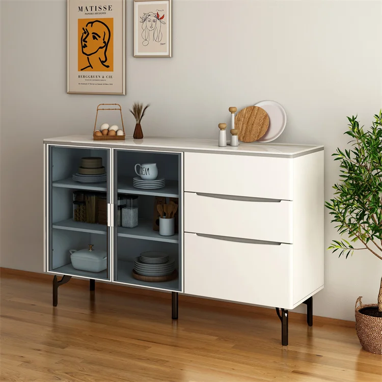 Luxury Nordic Belgium White Beige Home Furniture Dining Sideboard Tall Narrow Cabinet Buffets Sideboard With Tempered Glass
