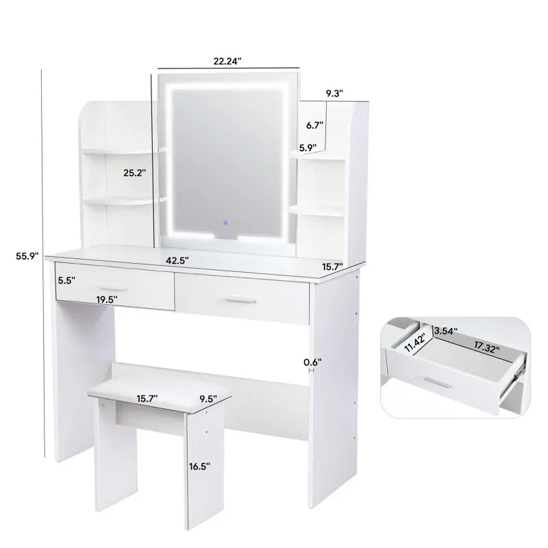 Custom Color LED Light FSC Wooden Makeup Vanity Dressing Table Set with Mirror and Drawer