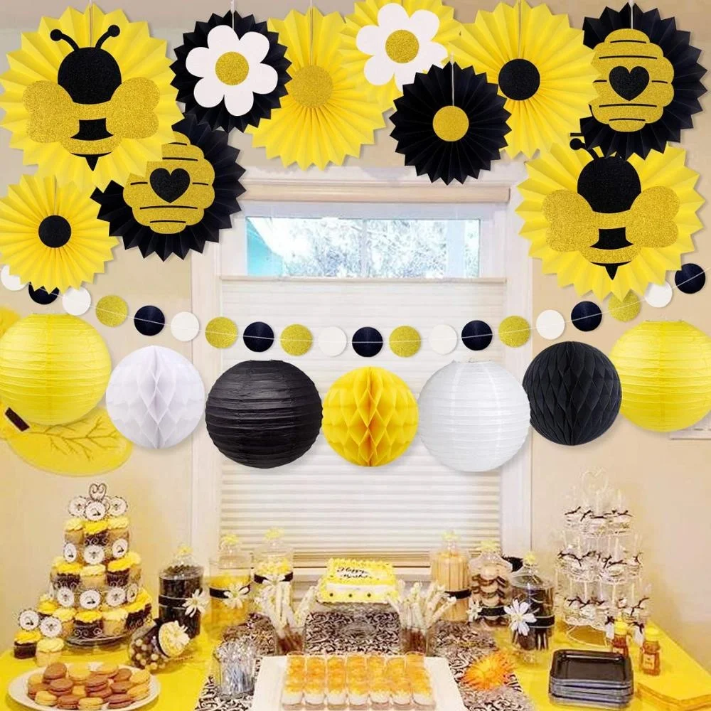 Honey Bee Party Decorations Bumble Bee Baby Shower Hanging Paper Fans Lanterns Tissue Honeycomb Ball  Mommy to Bee