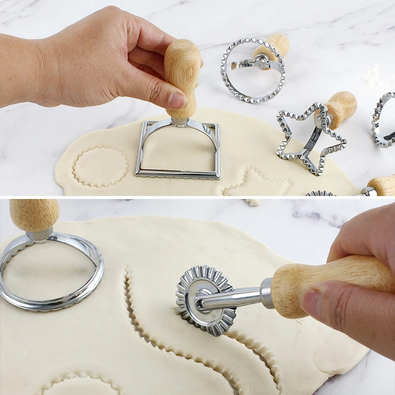 Cake Tools 8 PCS Wood Handle Zinc Alloy Cookie Cutter Embosser Fondant Press Mold