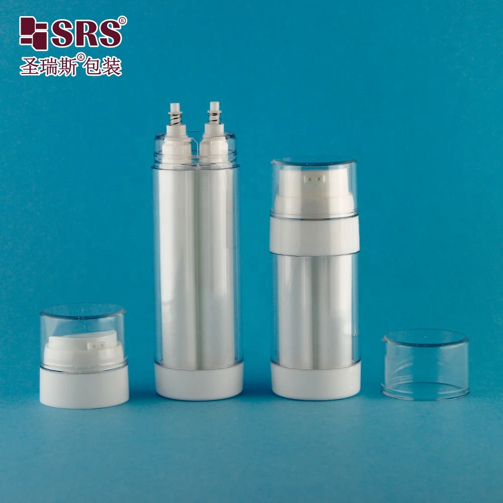 A0233 Empty Clear Airless Bottle 50ml White Container with Vacuum Pump Double Chamber 2 Separate Nozzles/Mono Nozzle For Mixing