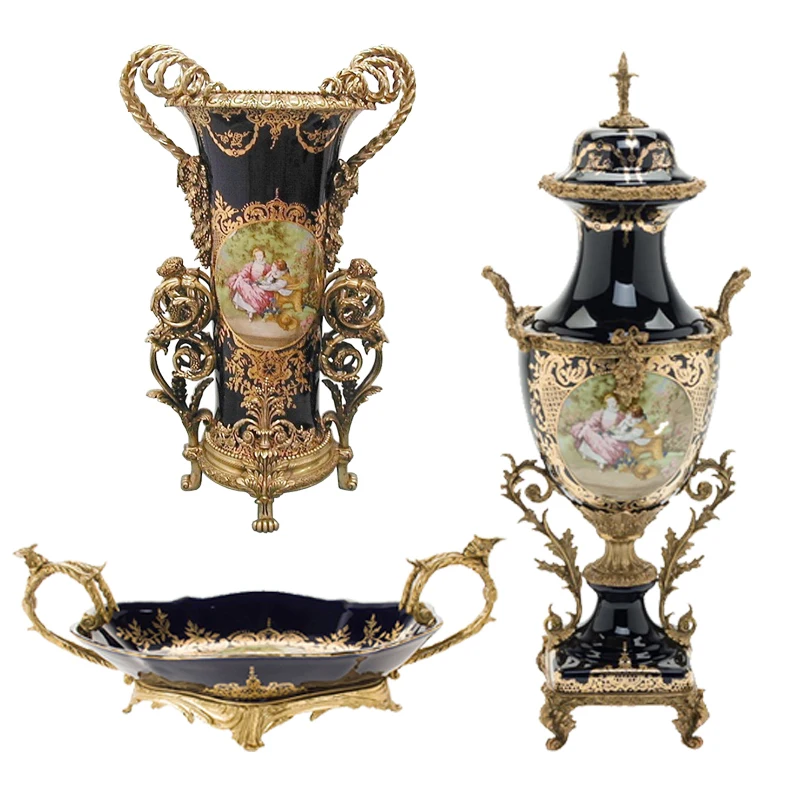 European-Style High-Grade With Copper Inlaid Copper Home Decoration Fruit Tray Ornaments Ceramic Tray set