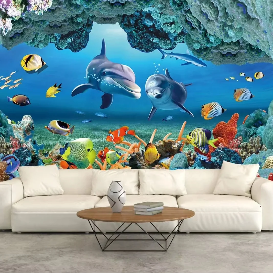 Underwater Wallpaper 3D Dolphin Large Photo Wallpaper  Kids Room Ocean Fish Coral Reefs Turtle 3d Mural Wallpaper