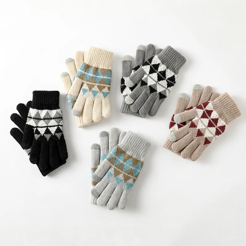 Лидер продаж, женские зимние перчатки с жаккардовым принтом, плотные спортивные теплые вязаные перчатки для сенсорных экранов