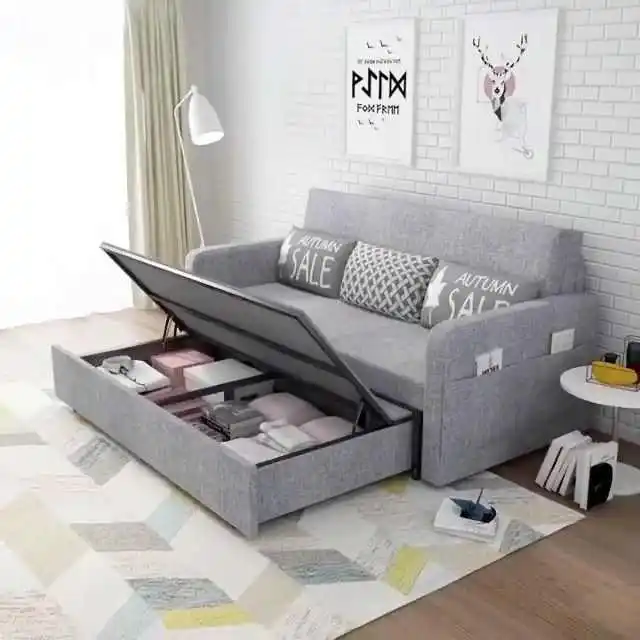 MORE DESIGN Luxury Comfortable Home Furniture Hotel 3 seat Wood Frames Fabric Leather Folding Sofa Bed with Storage Living Room