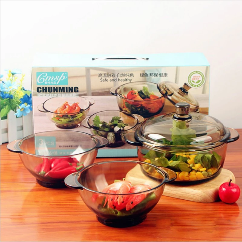 
3 Piece Microwave Safe Pyrex Glass Cooking Pots Cookware Set Dinnerware Sets,Brown Glass Bowls for Breakfast Porridge Fruit Vege 