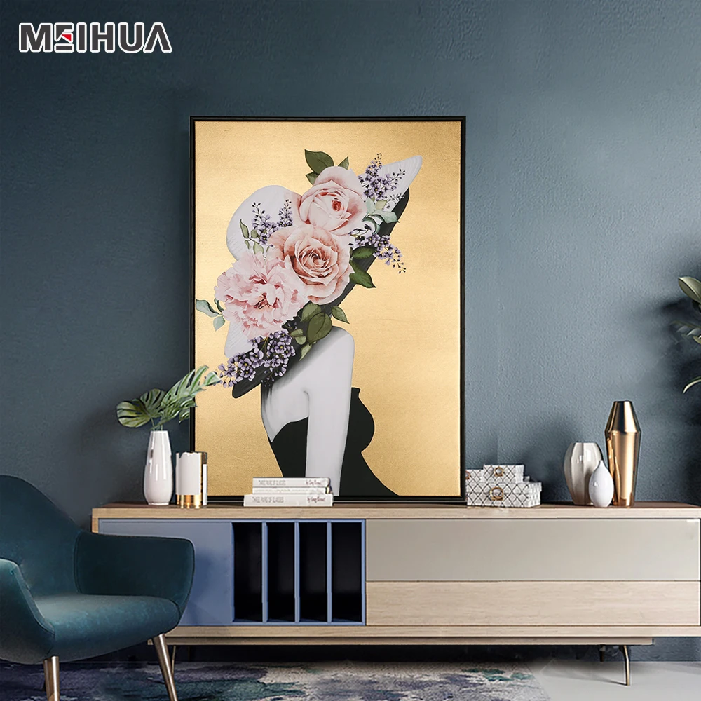 Decoration Pink Flower Hat floating  frames wholesale custom picture art with Gold Foiling Background